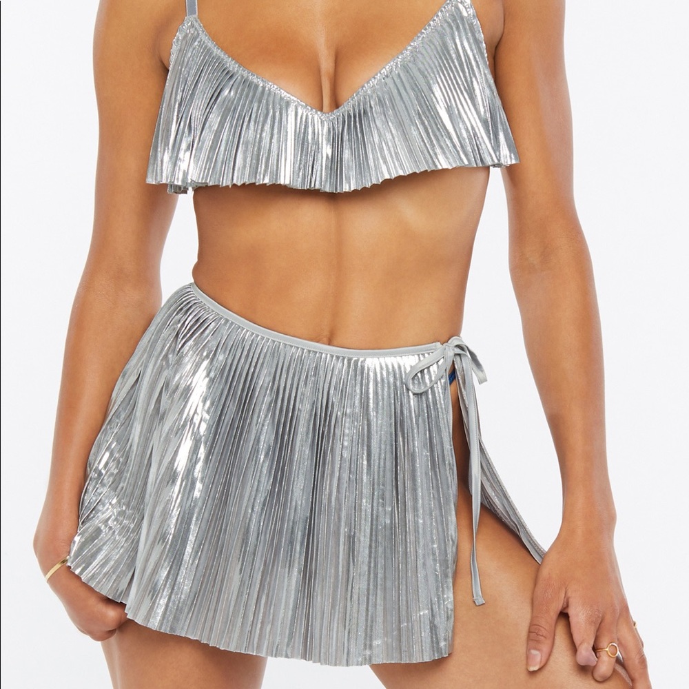 Savage X Fenty Pleated Lamé Skirt with Tie in Spaced Out Metallic Silver